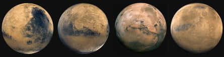 In 1980, the Viking 1 orbiter was tasked with taking a set of colour images covering the entire globe of Mars. Eventually, in 1992, Nasa released a seamless, digital, rectangular colour map of the planet, from which these four global views were made. They have an unusual point of view, as though seeing Mars from a spacecraft travelling only 2,000km above it.