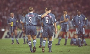 Stuart Pearce consoles Gareth Southgate after his penalty miss in 1996.