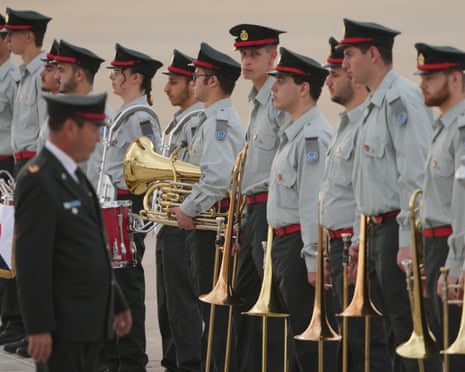 Members of an Israeli military band stand in formation ahead of a welcoming ceremony for. Donald Trump at Ben Gurion Airport in Lod near Tel Aviv.