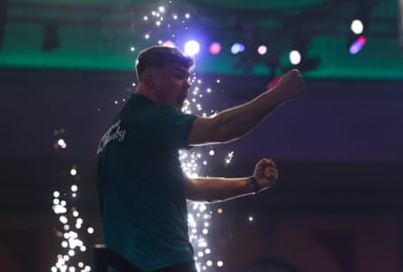 Charlie Manby celebrates his opening round victory over Cameron Menzies.