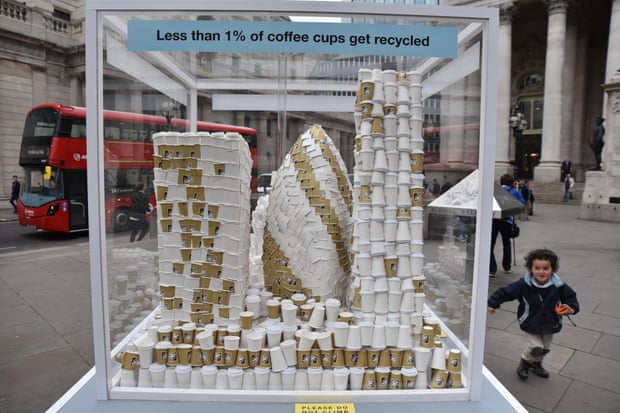 A model of London made out of coffee cups highlights the need to reduce waste