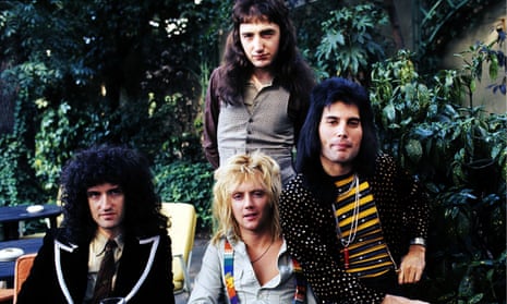 ‘I almost rejected it’ … (L-R) Brian May, John Deacon (standing), Roger Taylor and Freddie Mercury at the presentation of silver, gold and platinum discs recognising sales in excess of 1m of Bohemian Rhapsody, 1976.
