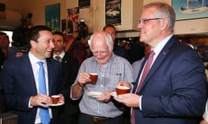 Matthew Guy and Scott Morrison with Pellegrini’s co-owner Nino Pangrazio after the Bourke Street terror attack
