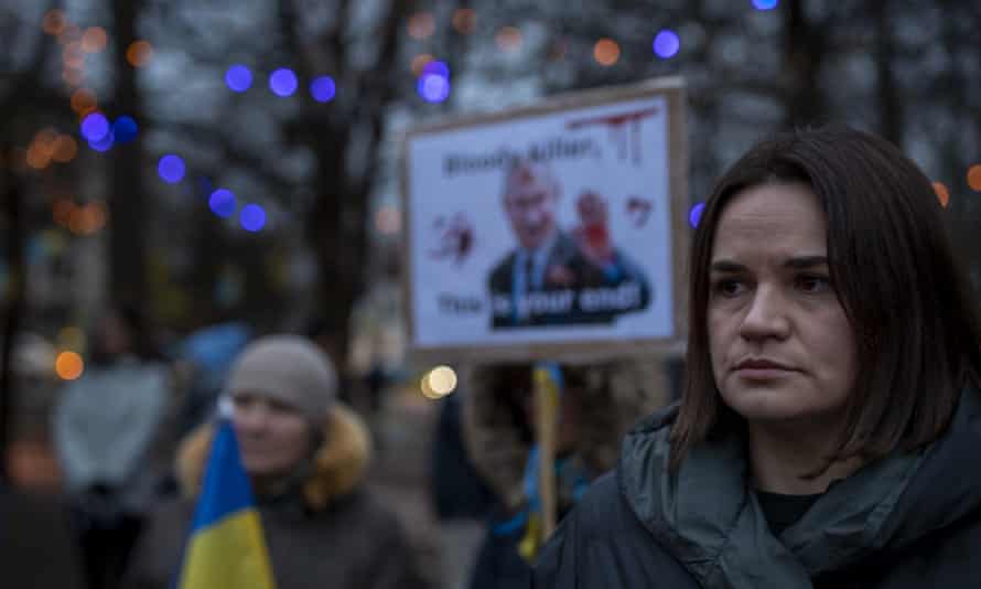Sviatlana Tsikhanouskaya at a protest in Lithuania on Friday against the Russian invasion of Ukraine.