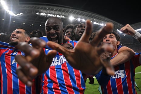 Jean-Philippe Mateta of Crystal Palace celebrate with Daniel Munoz and Yeremy Pino after opening the scoring in the Europa Conference League final against Rayo Vallecano.