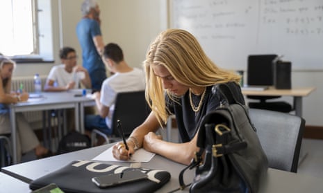 An older pupil at work in a classroom in Stockholm, August.