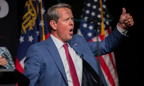 Governor Brian Kemp celebrates his victory in the Republican gubernatorial primary in Georgia. He had incurred the wrath of Donald Trump for refusing to back his election fraud claims.