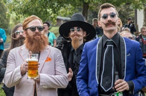 Contestants of the World Beard And Mustache Championships pose for a picture during the opening ceremony of the Championships 2015