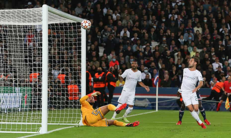 Bernardo Silva sort of hits the crossbar from three yards moments after Raheem Sterling's header also came off the bar.