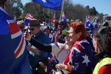 One Nation leader Pauline Hanson at an anti-mass immigration rally in Canberra, Sunday, August 31, 2025.