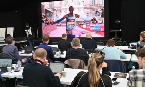 A tribute to the former Kenyan marathon world record-holder Kelvin Kiptum is shown in the media room