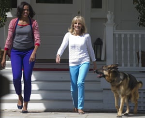 Former US first lady Michelle Obama and now-first lady Jill Biden with Champ Biden in 2012.Champ has since been joined in the Biden household by a much younger dog, Major, who just became the first rescue dog to inhabit the White House.