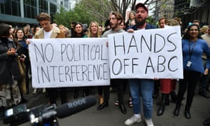 ABC staff hold a meeting outside their offices in Ultimo, Sydney