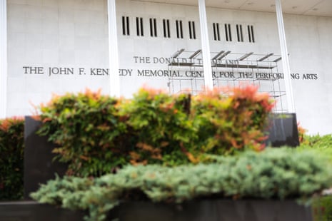 Scaffolding was erected on Friday at the John F Kennedy Memorial Center for the Performing Arts ahead of a court-ordered deadline to remove Donald Trump’s name from facade.