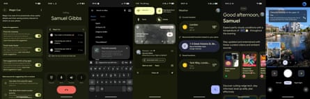 Screenshots of Google’s new Magic Cue, Daily Hub and Camera Coach AI features.