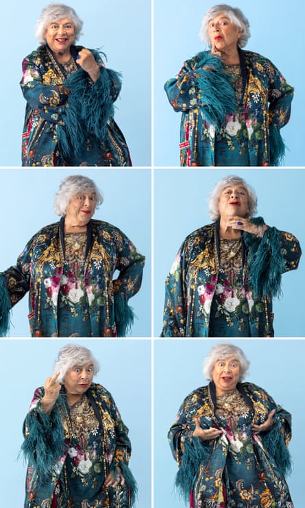 Composite of images of actor Miriam Margolyes in turquoise patterned dress against blue background