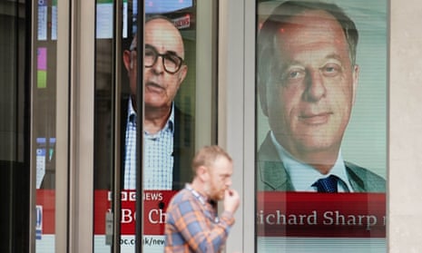 A screen inside BBC headquarters in central London relays news of Richard Sharp’s resignation.