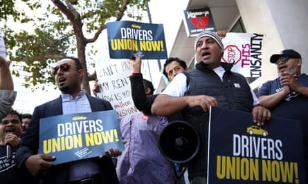 Rideshare drivers demonstrate in favor of AB5 in San Francisco on Tuesday.