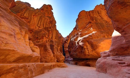 Sandstone cliiffs of the Siq canyon entrance to the city of Petra
