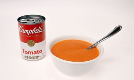 Can of Campbell’s tomato soup with bowl of tomato soup in it on white background cutout.BD3767 Can of Campbell’s tomato soup with bowl of tomato soup in it on white background cutout.