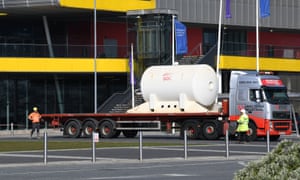 A lorry making a delivery at the ExCel centre in London, which is being made into a temporary hospital - the NHS Nightingale hospital.