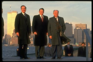 December 1st 1988. Left-right George HW Bush, President Ronald Reagan and Mikhail Gorbachev posing together on Governor’s Island waterfront with the skyline of Manhattan, including the World Trade Centre in background.