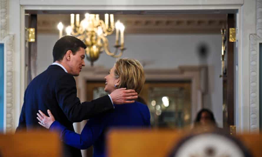 Hillary Clinton chats with her British counterpart, David Miliband, at the state department in Washington on 3 February 2009.