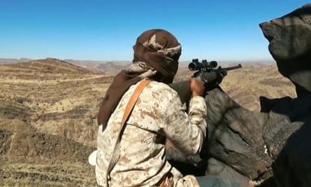 An Isis fighter uses a Steyr Mannlicher sniper rifle in al-Baydaa, Yemen, pictured in April 2016