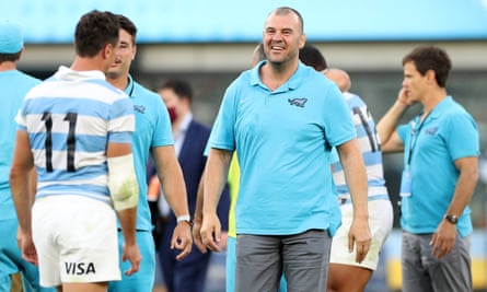 Michael Cheika celebrates after the famous win.