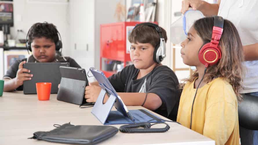 From the Pilbara to Australia’s classrooms: meet the Indigenous kids teaching the nation | Culture 1 Isaac Guinness, left, Graheme Chadd and Amerisha Woodley take part in Big hART’s digital laboratory at Ieramugadu Roebourne