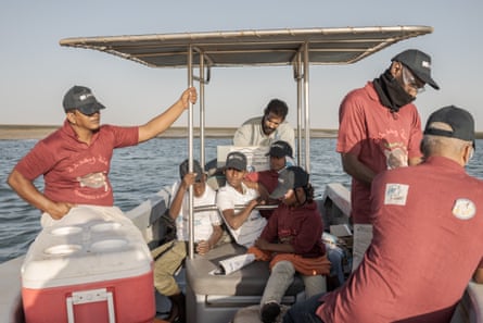 Scientists and students take water samples at Banc d’Arguin national park in Mauritania.