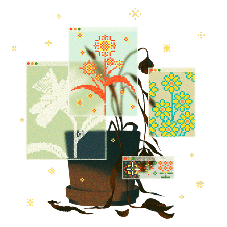 potted plant broken up with pixelated graphics of flowers