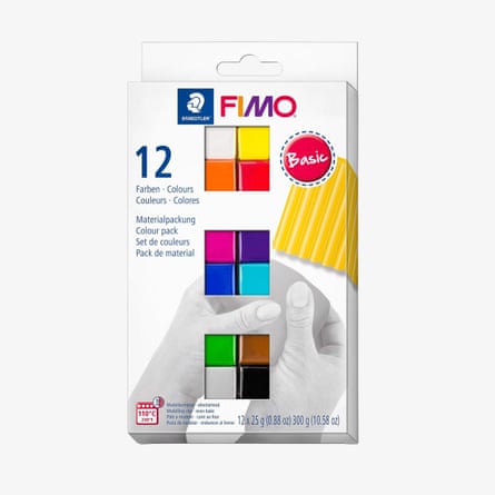 A Fimo clay colour pack box shows 12 colour swatches and hands shaping yellow clay