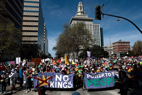 Demonstrators gather for the “No Kings” rally in Oakland, Calif. on Saturday, March 28, 2026.