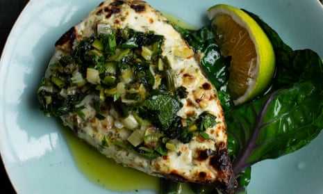 ‘Marinade for a couple of hours, I wouldn’t leave it much longer’: halibut with yogurt and spring onions.