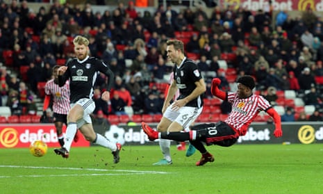 Josh Maja fires in Sunderland’s first goal.