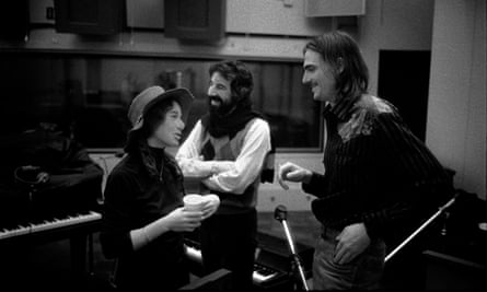 King, producer Lou Adler and Taylor in Los Angeles during sessions for Tapestry in 1970.