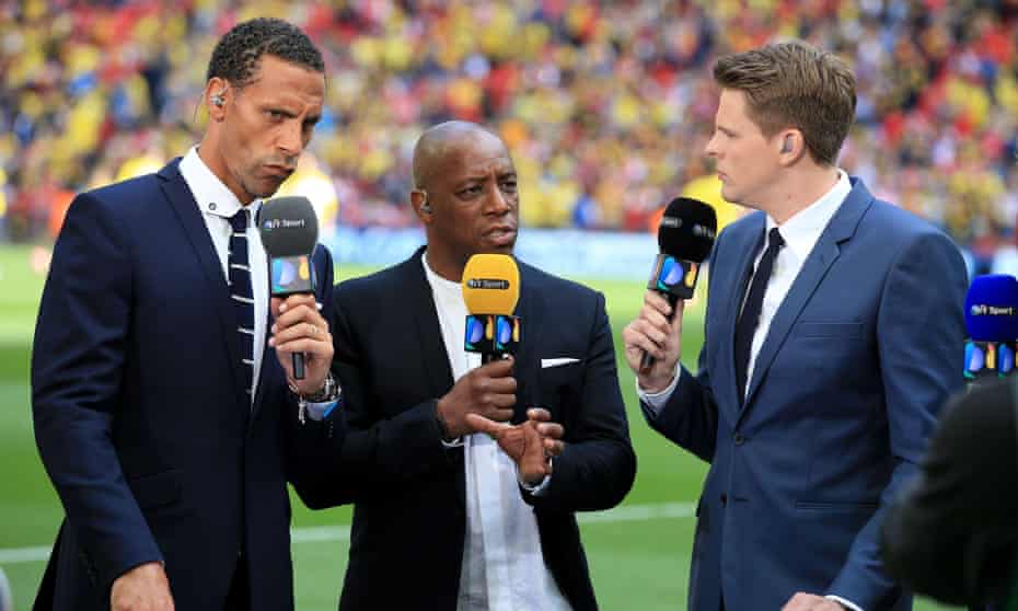 BT Sport presenter Jake Humphrey (right) with pundits Rio Ferdinand (left) and Ian Wright before the FA Cup final at Wembley stadium, London, last month. 