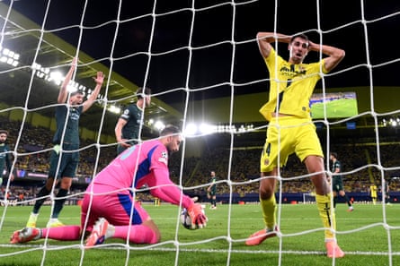 Santi Comesaña reacts with disappointment after Villarreal are denied by Manchester City’s Gianluigi Donnarumma