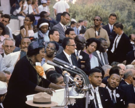 Mahalia Jackson singing at the March on Washington for Freedom and Jobs – with Martin Luther King bottom right.