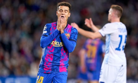 Philippe Coutinho reacts during Barcelona’s Champions League game at home to Dynamo Kyiv this season.