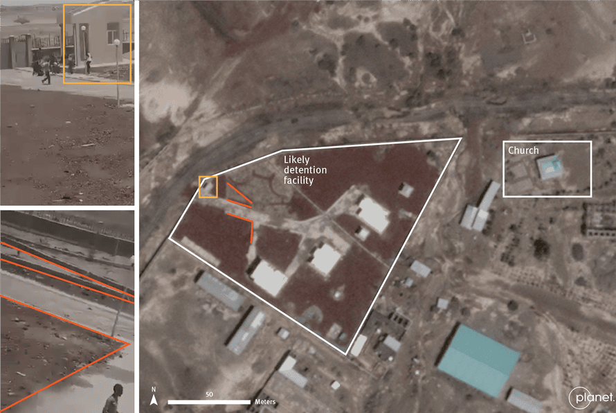 Aerial view and two images of fenced-off compound