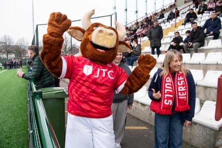 The Jersey Bulls Mascot, Beany the Bull, gets their crowd going at Springfield Stadium