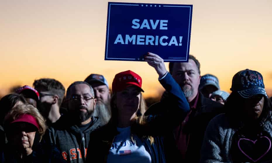 Supporters wait for Donald Trump to arrive at a 'Save America' rally, Conroe, Texas, 29 January 2022.