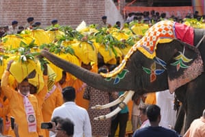An elephant tries to eat leaves from a man’s costume during a religious procession