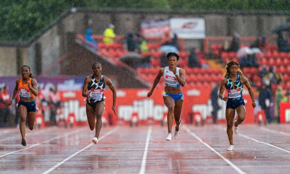 Dina Asher-Smith has same aura as sprint star Linford Christie, says coach | Tokyo Olympic Games 2020 1 Dina Asher-Smith (second left) beat Marie-Josee Ta Lou (left), Blessing Okagbare (second right) and Sha’Carri Richardson (right) in Gateshead in May.