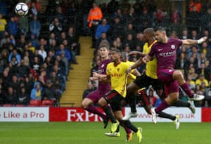 Manchester City’s Sergio Aguero scores the opener against Watford as City romp to a 6-0 victory at Vicarage Road.