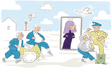 Illustration of David Sedaris in different guises trying to impress Duolingo's purple-haired character Lily