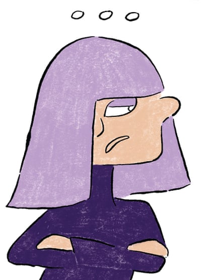 Illustration of the Duolingo character Lily with her purple hair and three dots above her head