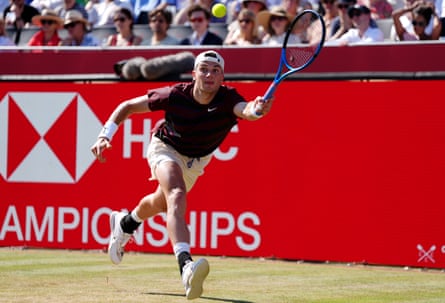 Jack Draper stretches for a return in his win against Alexei Popyrin